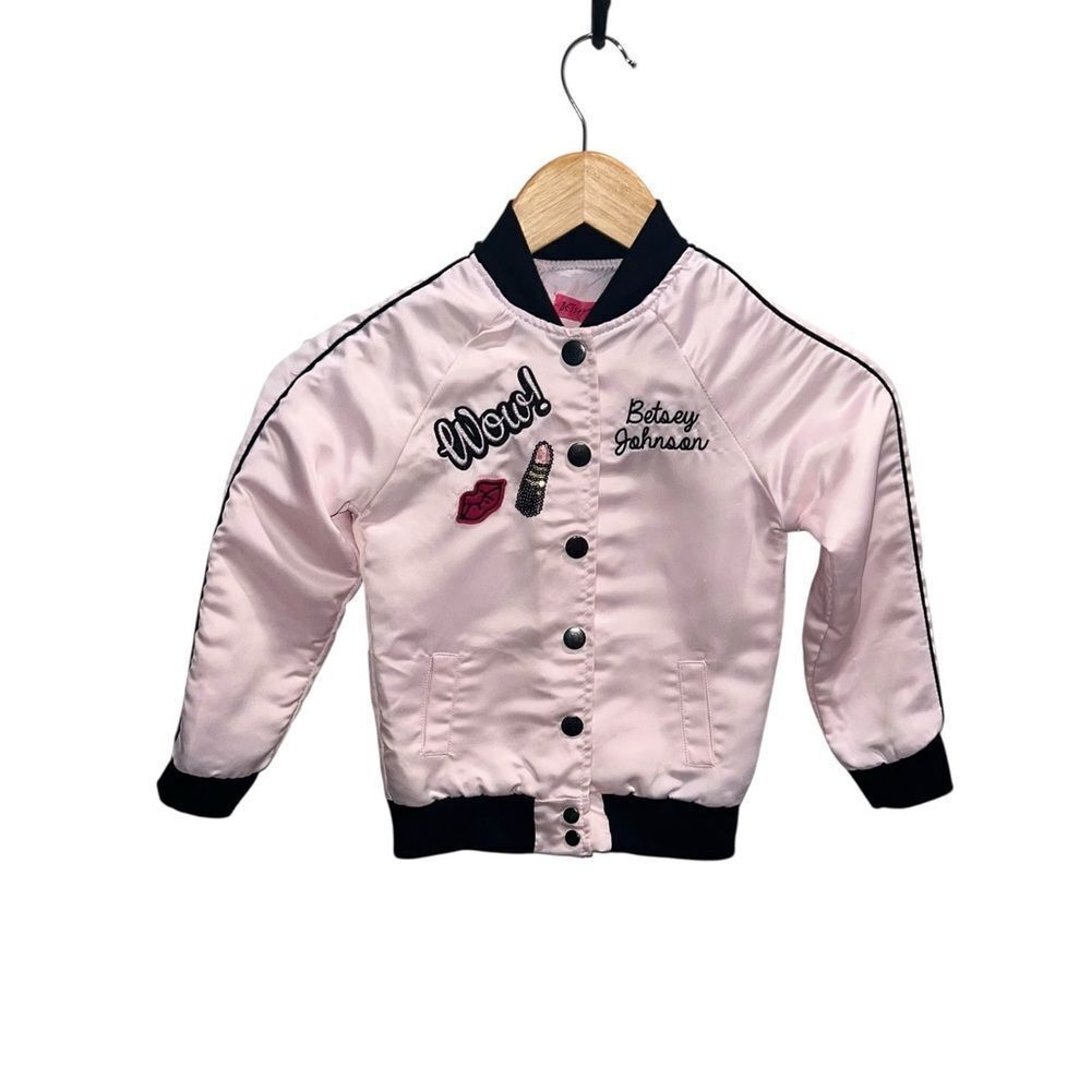 Betsey Johnson Girls Pink Satin Bomber Jacket Size 6 Lip Graphic Snap Front